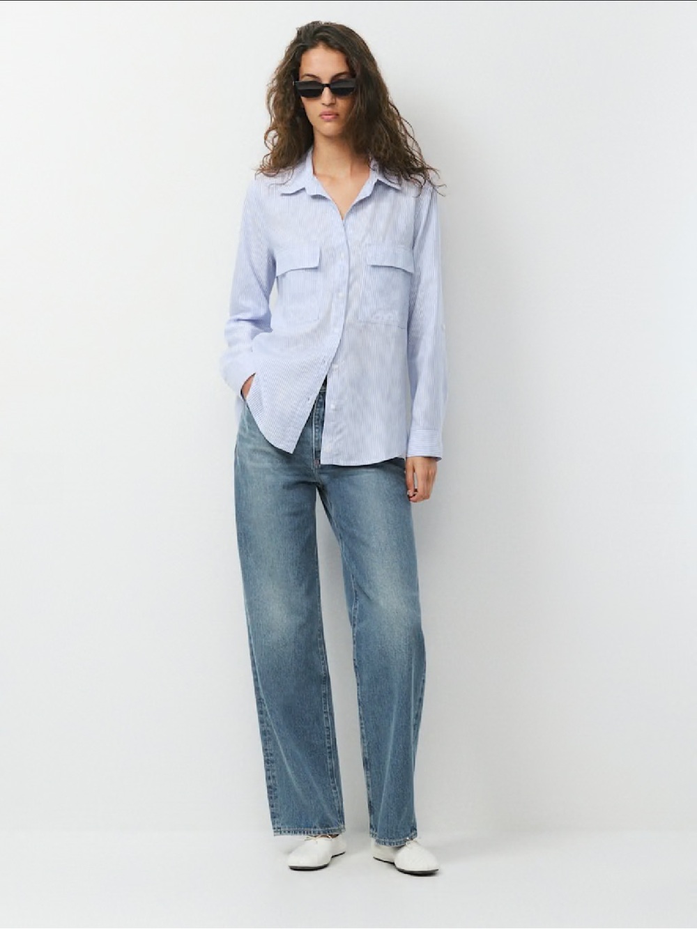 Babaton XXS Blue White Pinstripe Utility Shirt Lyocell 4 Pocket